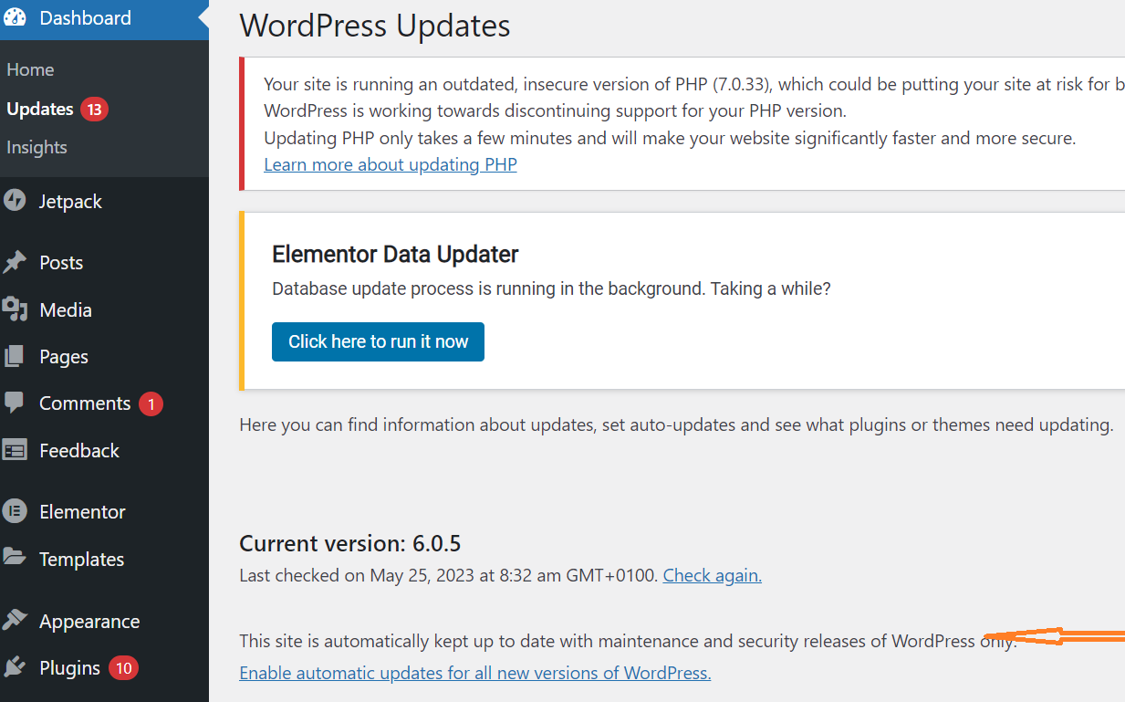 How to Update WordPress Automatically via Dashboard: “This site is automatically kept up to date with each new version of WordPress.”